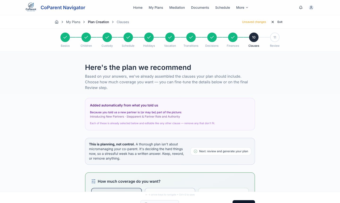 The CoParent Navigator plan builder on the Clauses step, headed “Here's the plan we recommend”, listing the clauses added automatically from the parent's answers, with a coverage selector below