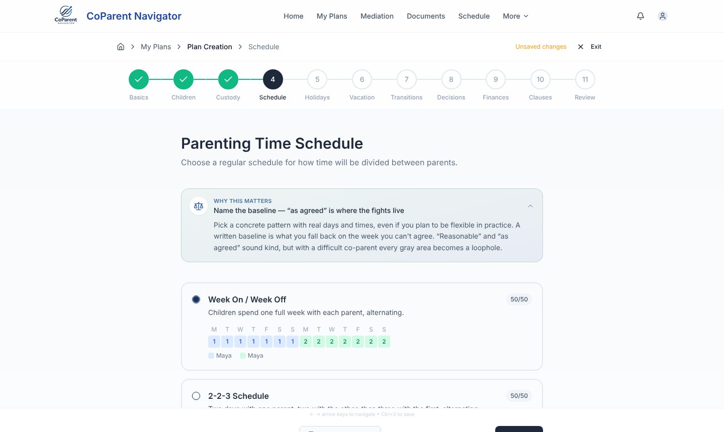 The CoParent Navigator plan builder on the Parenting Time Schedule step: a week-on/week-off 50/50 schedule is selected, shown as a two-week calendar strip, with a 2-2-3 schedule as the next option and a note on why a written baseline matters
