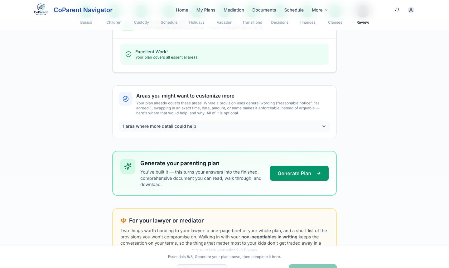 The end of the Review step: “Excellent work, your plan covers all essential areas”, one optional area where more detail could help, and the Generate Plan button that turns the answers into the finished document