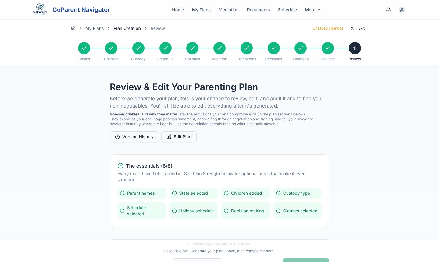 The Review step of the plan builder showing “The essentials (8/8)”: parent names, state, children, custody type, schedule, holiday schedule, decision making and clauses all checked off