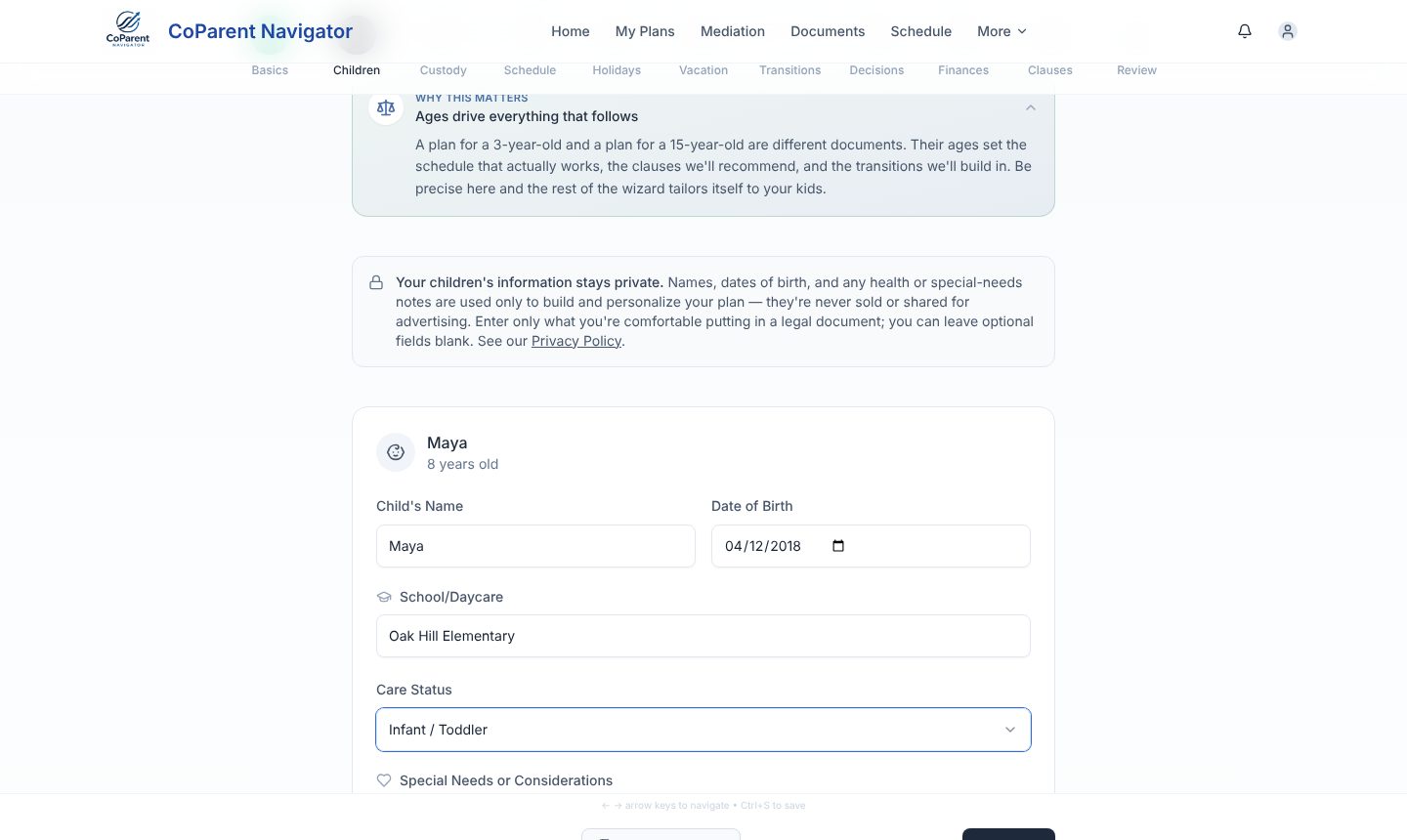 Step 2 of the plan builder, “Tell us about your children”: a child's name, date of birth, school and care status, with a note that this information stays private